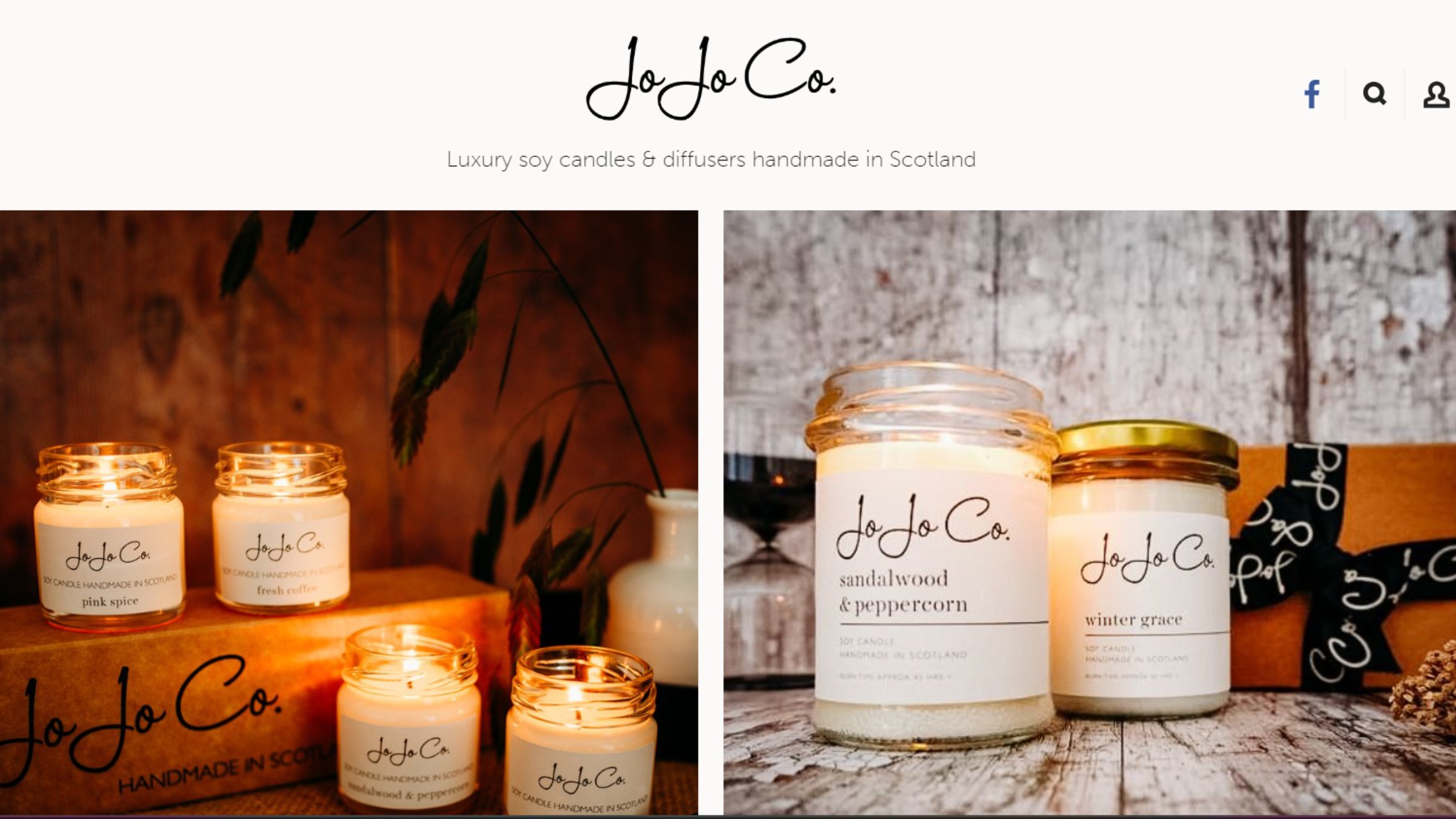 JoJo Co Candles homepage. Two images with white candles and white labels